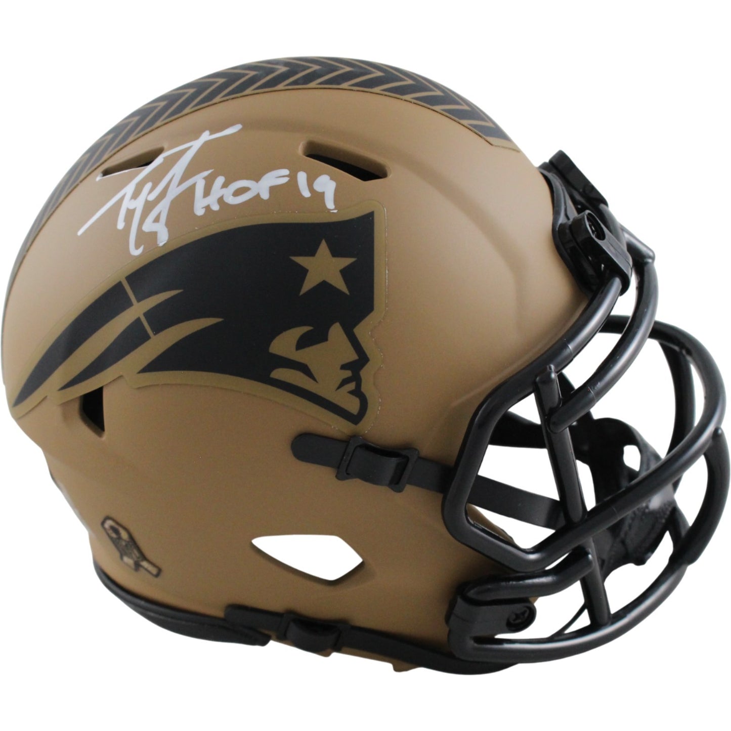 Ty Law New England Patriots Signed Salute to Service Mini Helmet (HOF Inscr)