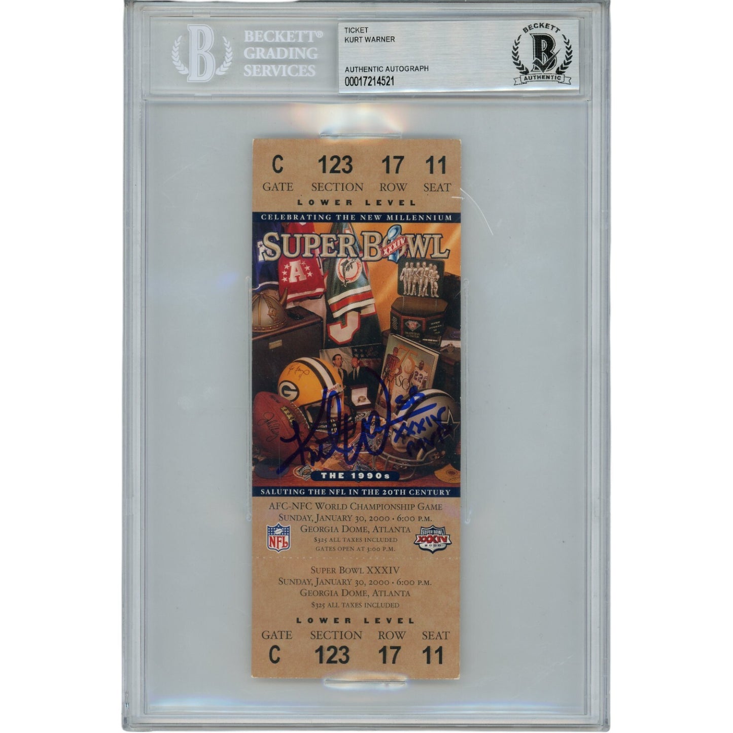 Kurt Warner Signed Super Bowl XXXIV MVP Ticket Stub BAS Slabbed
