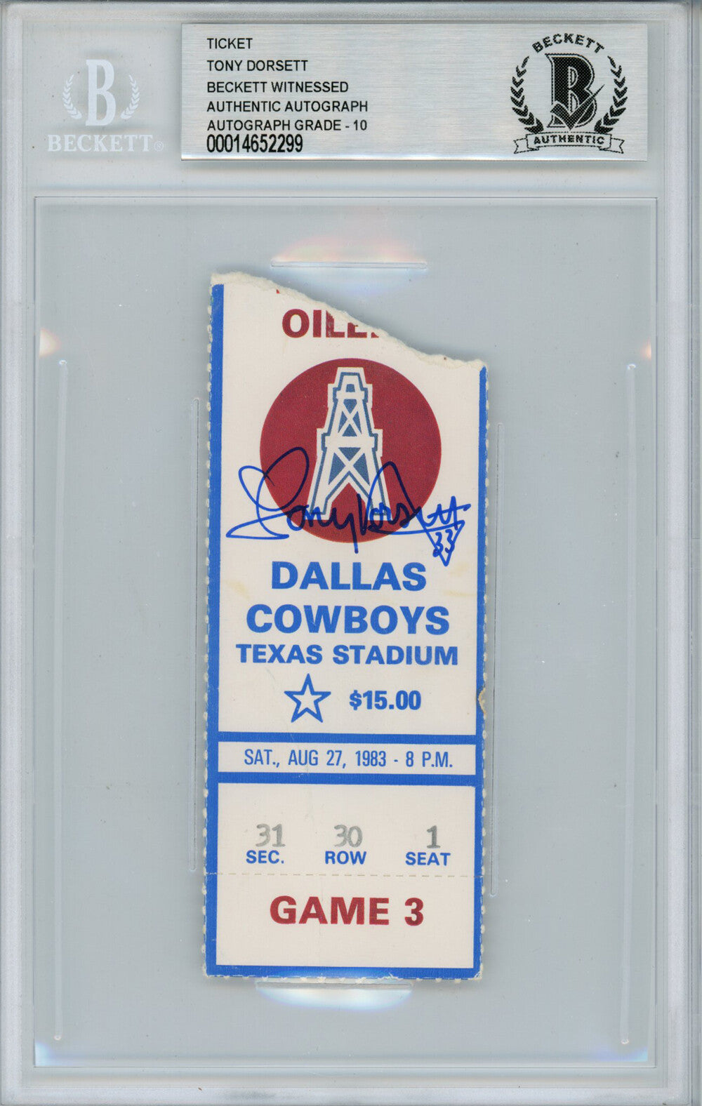 Tony Dorsett Autographed 1983 vs Oilers Ticket Beckett Authenticated
