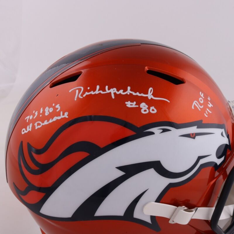 RICK UPCHURCH SIGNED AUTOGRAPHED BRONCOS FLASH REPLICA 2 INSC HELMET BECKETT COA