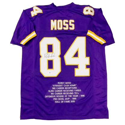 Randy Moss Minnesota Vikings Signed Purple Pro Style Stat Jersey (BAS COA)