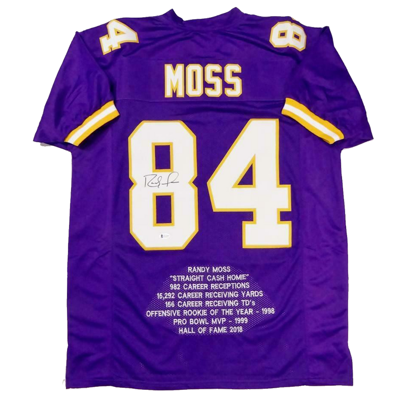 Randy Moss Minnesota Vikings Signed Purple Pro Style Stat Jersey (BAS COA)