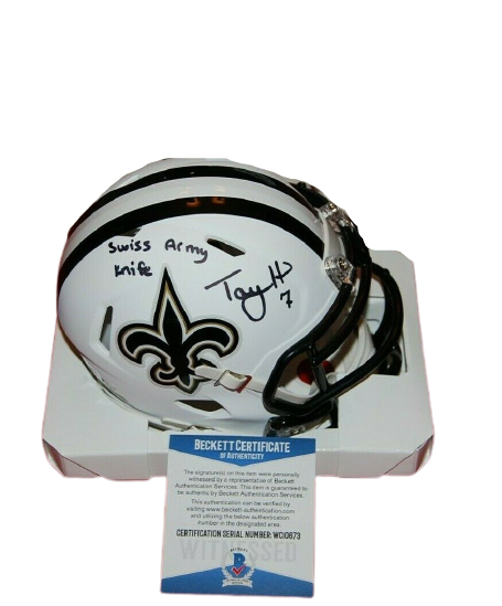 Taysom Hill New Orleans Saints Signed Flat White Mini Helmet with "Swiss Army Knife" (BAS COA)