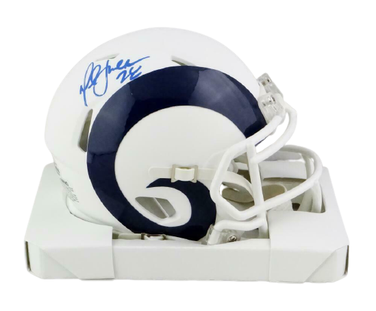 Marshall Faulk Los Angeles Rams Signed LA Rams Flat White Mini Helmet *Blue BAS COA (St. Louis)