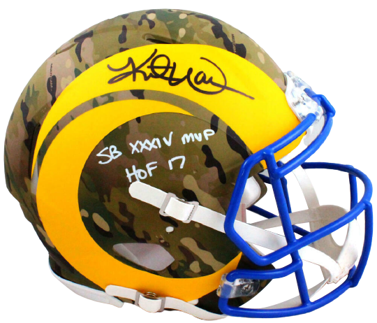 Kurt Warner St. Louis Rams Signed Rams Authentic Camo Speed F/S Helmet BAS COA (Los Angeles)