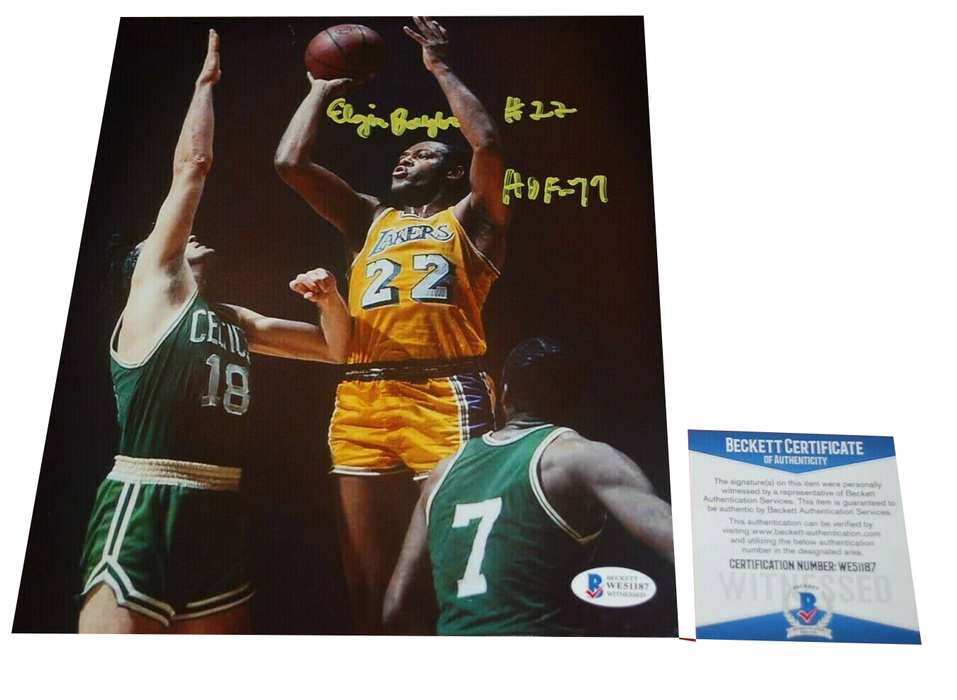 ELGIN BAYLOR Los Angeles Lakers signed 8X10 photo HOF 77 BAS COA