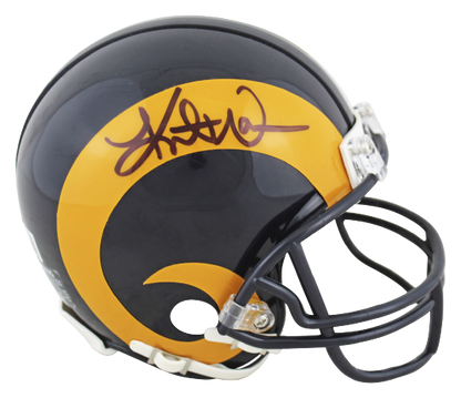 Kurt Warner St. Louis Rams 1981-99 Yellow Horn Throwback Rep Mini Helmet BAS COA (Los Angeles)