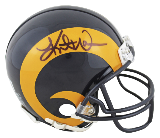 Kurt Warner St. Louis Rams 1981-99 Yellow Horn Throwback Rep Mini Helmet BAS COA (Los Angeles)