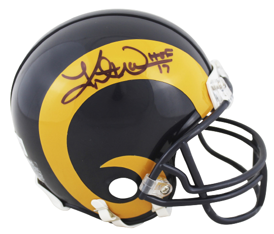 Kurt Warner Los Angeles Rams Signed "HOF 17" 1981-99 Yellow Horn TB Rep Mini Helmet (BAS COA)