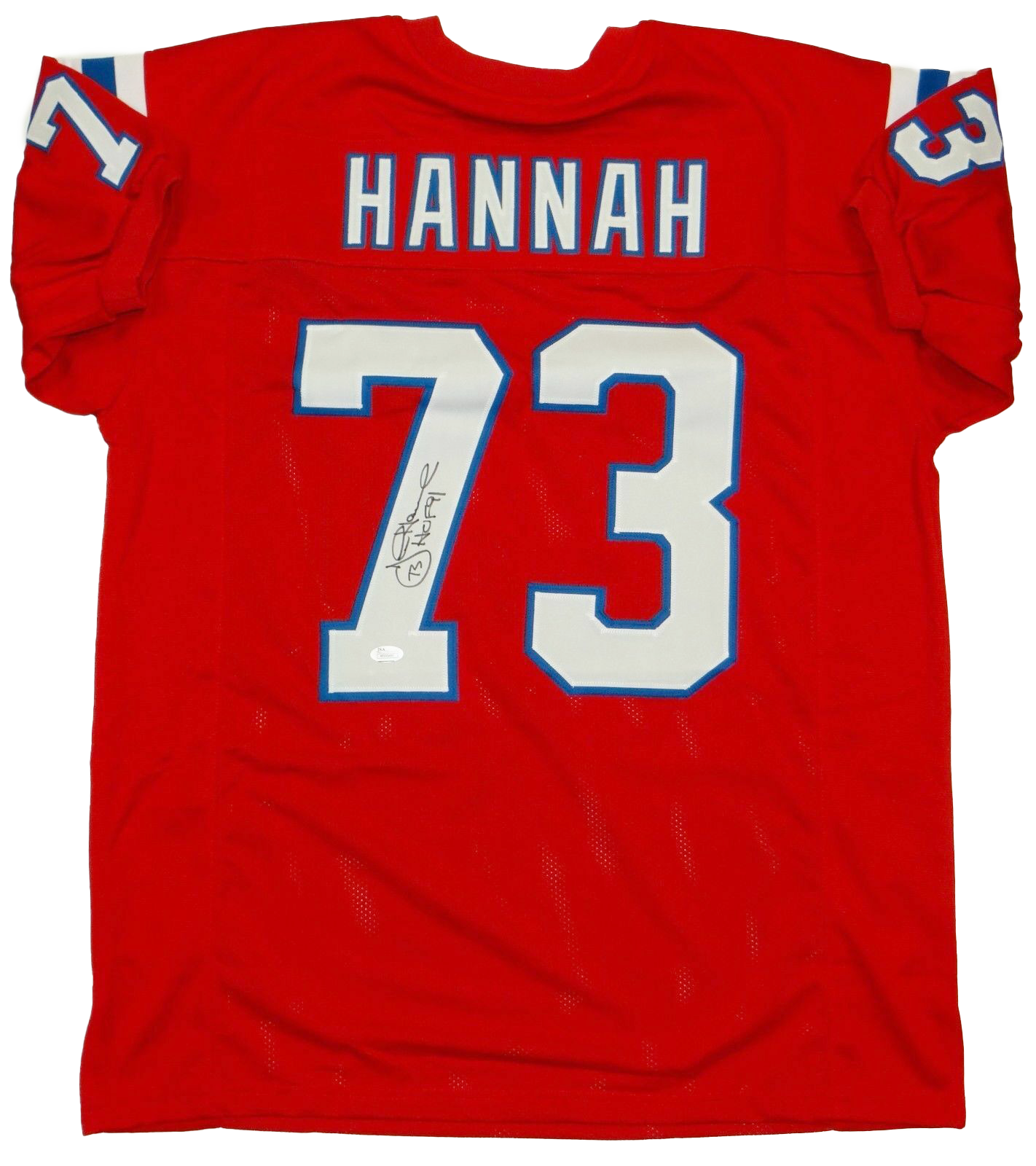 John Hannah New England Patriots Autographed Red Pro Style Jersey w/ HOF- (JSA COA)