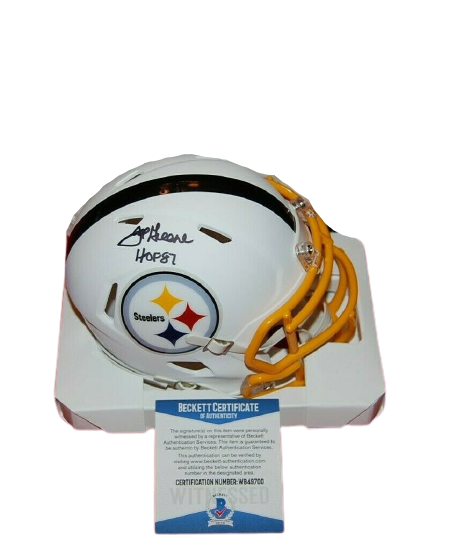 Joe Greene Pittsburgh Steelers Signed Flat White Mini Helmet with HOF 87 (BAS COA)