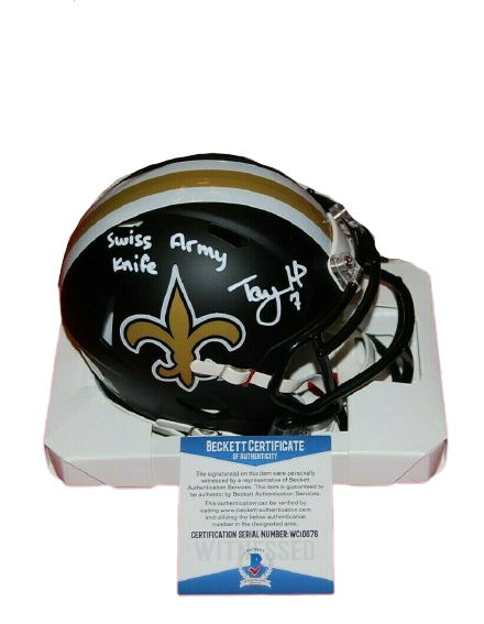 Taysom Hill New Orleans Saints Signed Flat Black Mini Helmet with "Swiss Army Knife" (BAS COA)
