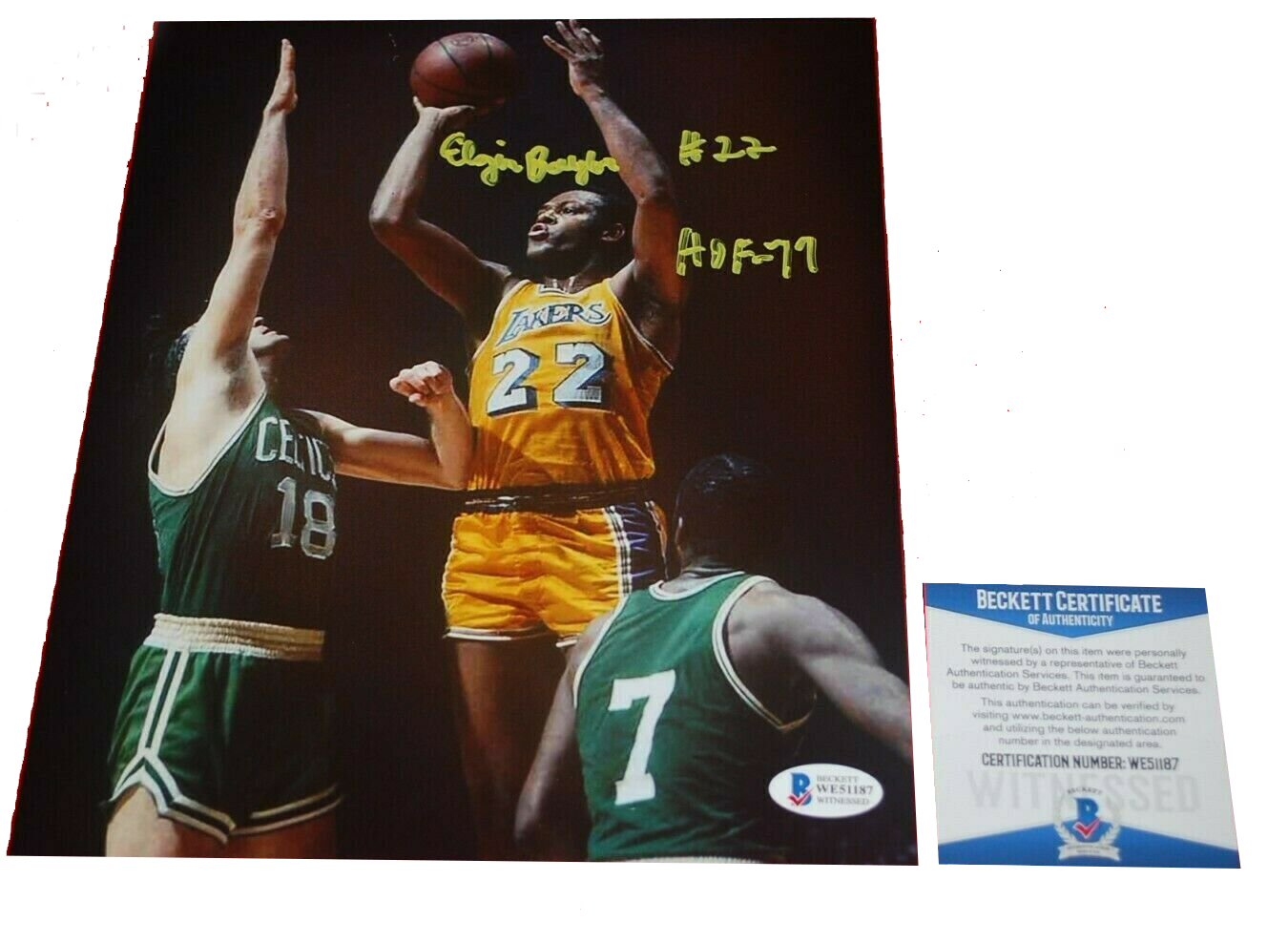 ELGIN BAYLOR Los Angeles Lakers signed 8X10 photo HOF 77 (BAS COA)