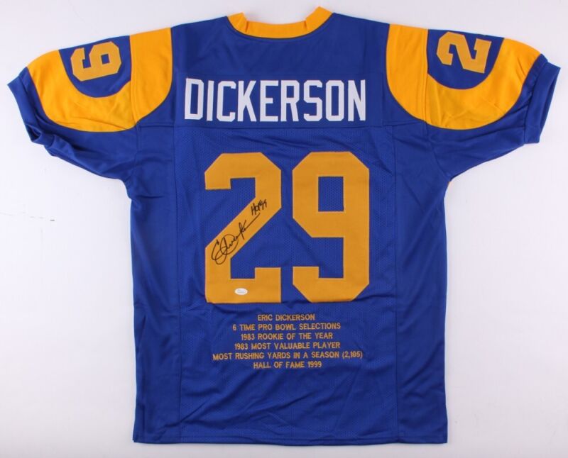 ERIC DICKERSON SIGNED AUTOGRAPHED LOS ANGELES RAMS CUSTOM STAT JERSEY JSA COA