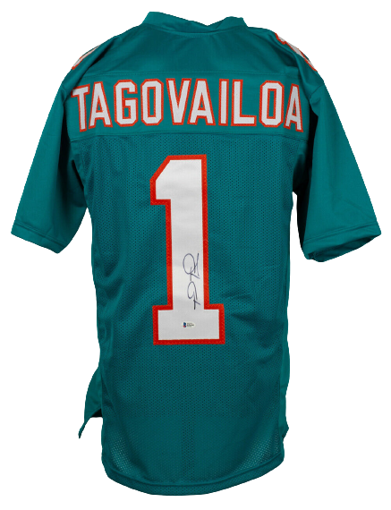 Tua Tagovailoa Miami Dolphins Signed Custom Teal Pro Style Football Jersey (BAS COA)