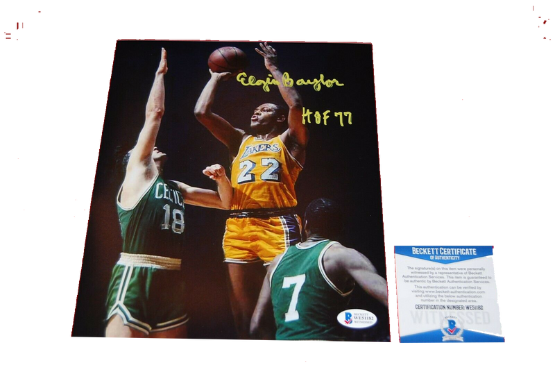 ELGIN BAYLOR Los Angeles Lakers signed 8X10 photo HOF 77 (BAS COA)