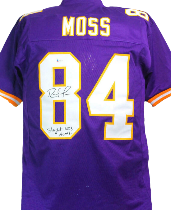 Autographed/Signed Randy Moss Minnesota Purple Football Jersey JSA