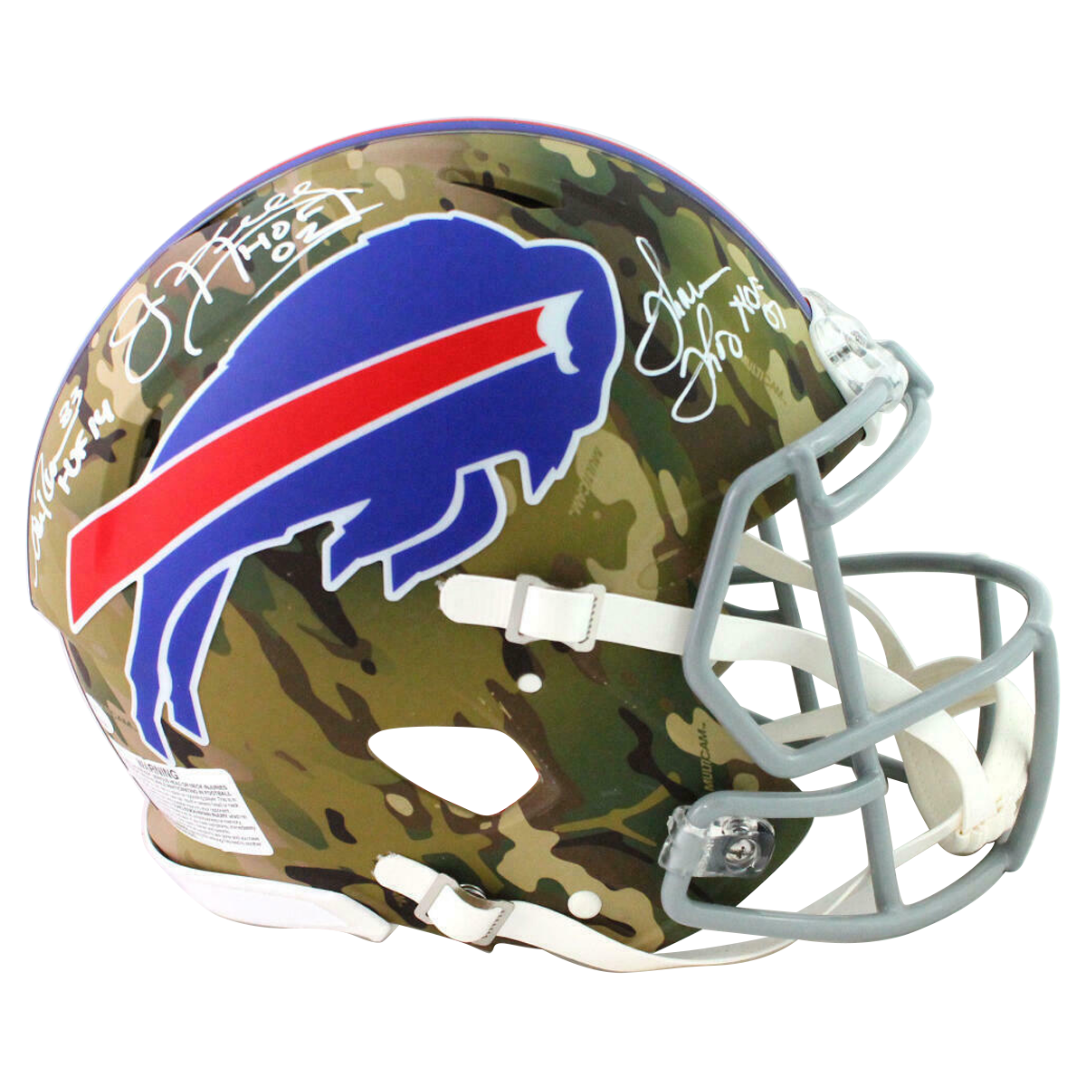 Kelly/Reed/Thomas Buffalo Bills Signed F/S Camo Authentic Helmet w/HOF (JSA COA)
