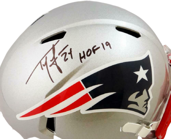 Ty Law New England Patriots Signed New England Patriots Full-sized Speed Helmet with HOF (BAS COA)