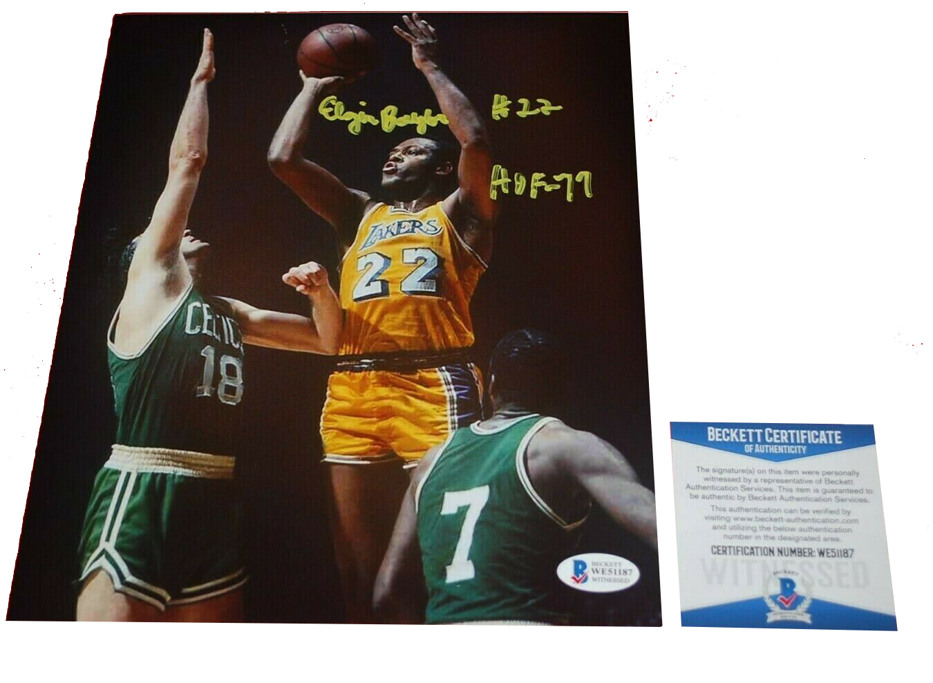 ELGIN BAYLOR Los Angeles Lakers signed 8X10 photo HOF 77 (BAS COA)