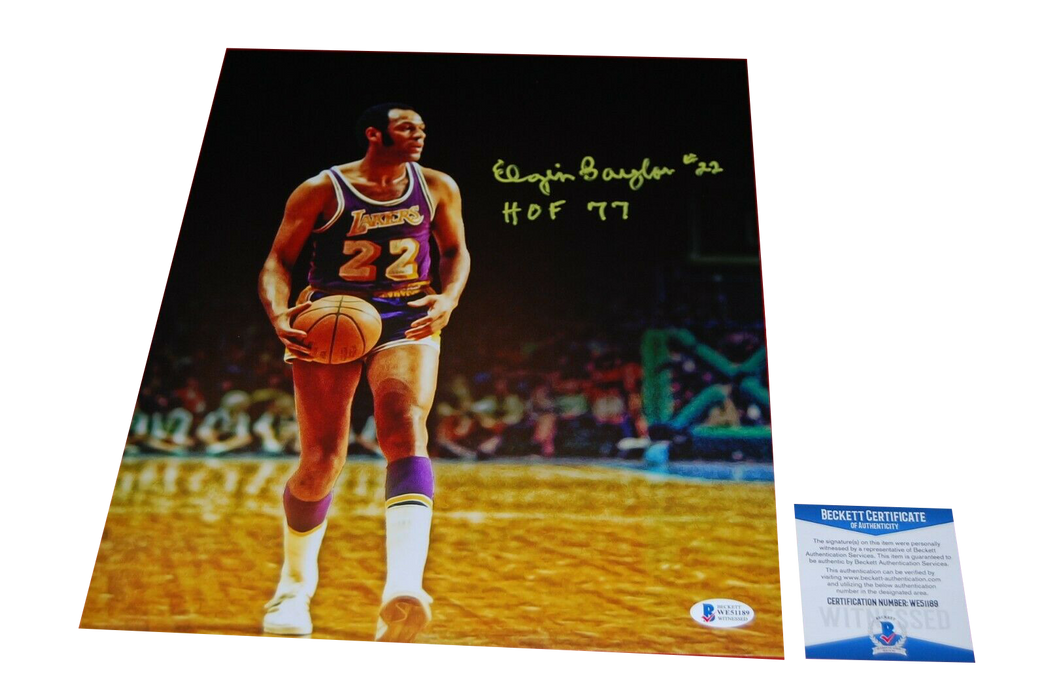 ELGIN BAYLOR Los Angeles Lakers signed 11X14 photo HOF 77 (BAS COA)