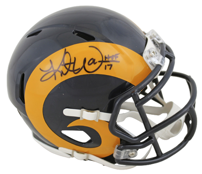 Kurt Warner St. Louis Rams "HOF 17" Yellow Horn Speed Mini Helmet BAS COA (Los Angeles)