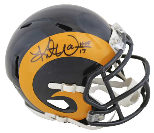 Kurt Warner St. Louis Rams "HOF 17" Yellow Horn Speed Mini Helmet BAS COA (Los Angeles)