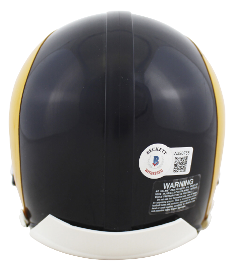 Kurt Warner Los Angeles Rams Signed "HOF 17" 1981-99 Yellow Horn TB Rep Mini Helmet (BAS COA)