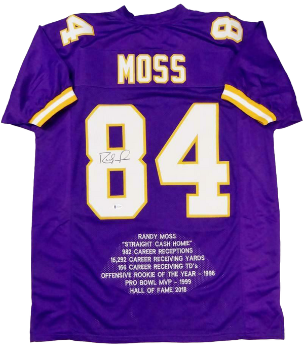 Randy Moss Minnesota Vikings Autographed Purple Pro Style STAT Jersey- (BAS COA)