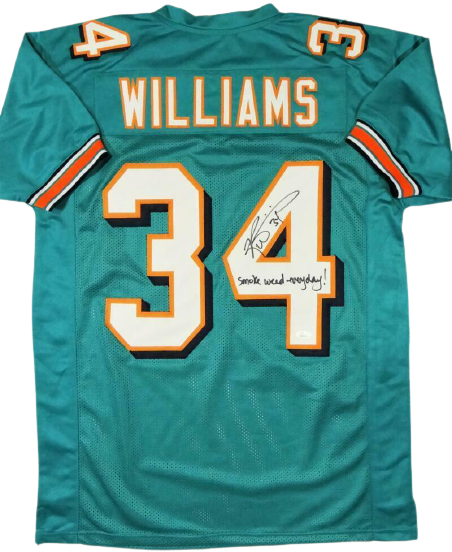 Ricky Williams Miami Dolphins Signed Teal Pro Style Jersey with Smoke Weed Insc (JSA COA)