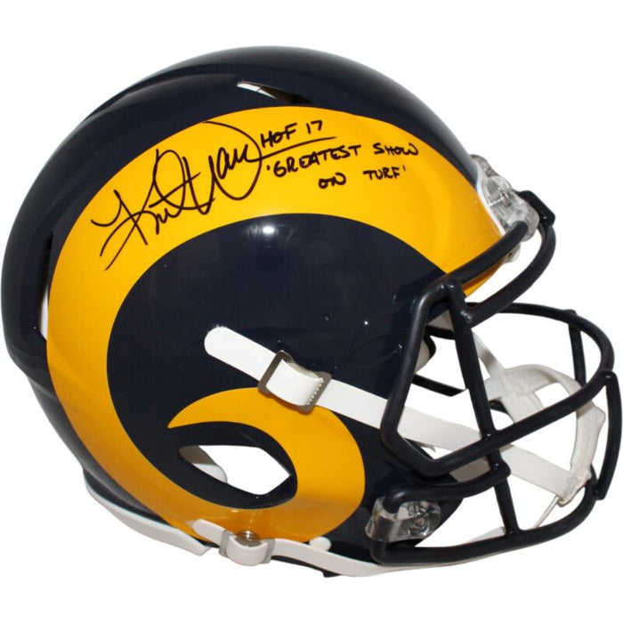 Kurt Warner Signed Los Angeles Rams Spd Authentic Helmet w/ 2 insc BAS 40055