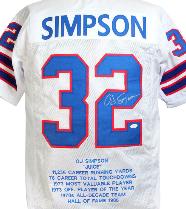 O. J. Simpson Autographed White Pro Style STAT Jersey (JSA COA)