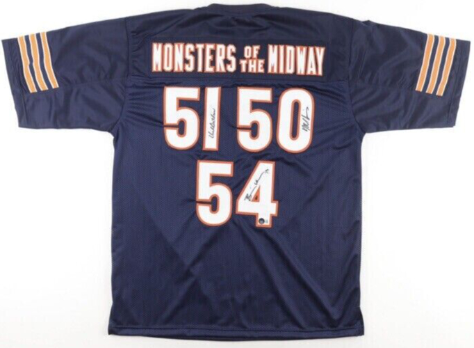 MONSTERS OF THE MIDWAY DICK BUTKUS, SINGLETARY, URLACHER SIGNED BEARS JERSEY JSA