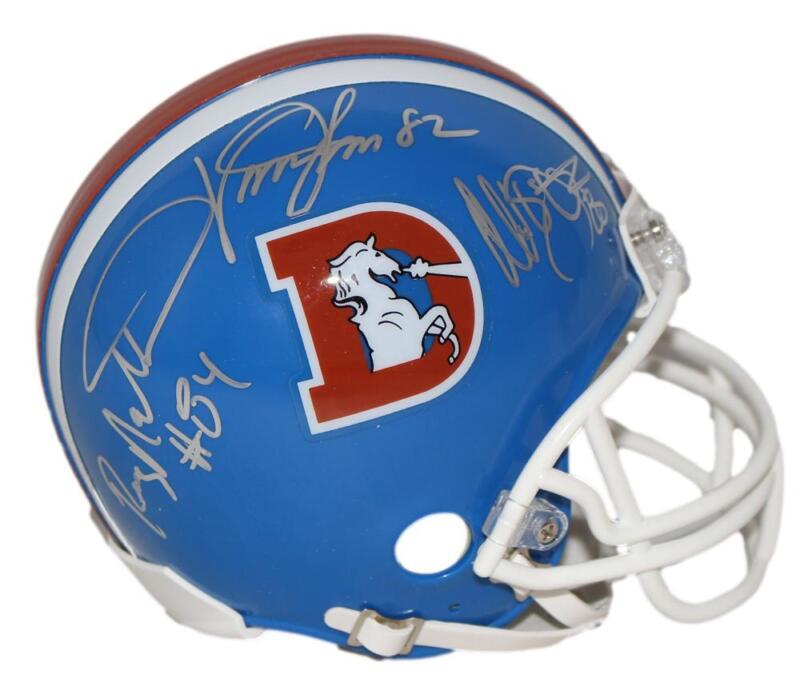 Three Amigos Autographed Denver Broncos VSR4 D Logo Mini Helmet JSA 34410