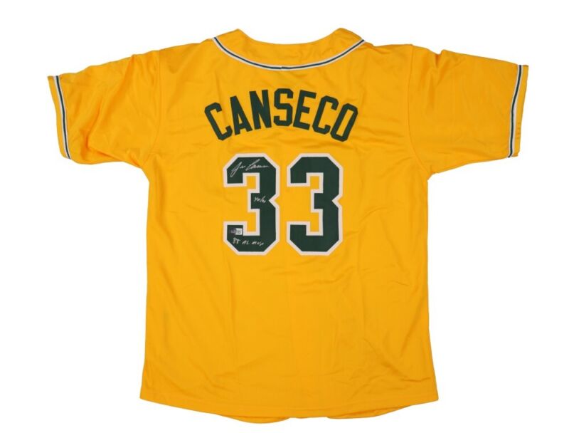 JOSE CANSECO SIGNED AUTOGRAPHED OAKLAND A'S 2 INSCRIP CUSTOM JERSEY BECKETT COA