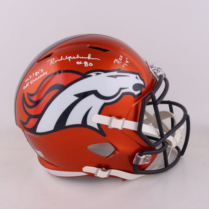 RICK UPCHURCH SIGNED AUTOGRAPHED BRONCOS FLASH REPLICA 2 INSC HELMET BECKETT COA