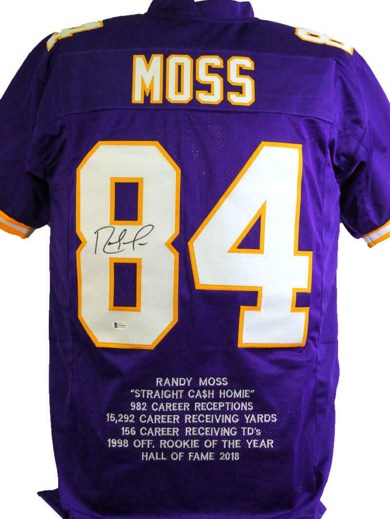 Randy Moss Minnesota Vikings Autographed Purple Pro Style STAT Jersey- (BAS COA)
