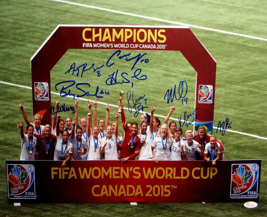 Hope Solo and Carly Lloyd US Women's Soccer Team Signed 16x20 World Cup Trophy Photo (JSA COA)