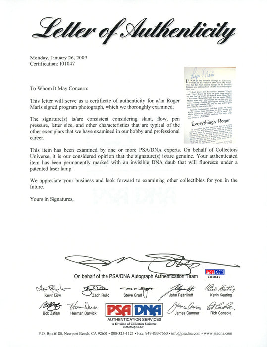 Roger Maris New York Yankees Autographed 8.5x11 Magazine Page Photo #I01047 (PSA/DNA COA)