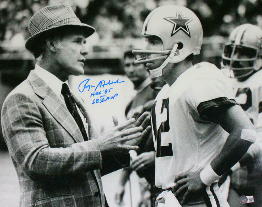 Roger Staubach Autographed Dallas Cowboys 16x20 B&W Photo w/2 Insc.- (BAS COA)