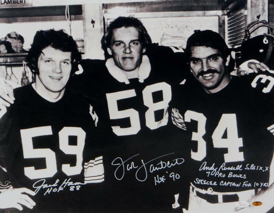 Jack Ham/Jack Lambert/Andy Russell Pittsburgh Steelers Signed 16x20 B&W Photo with HOF & Captain (JSA COA)
