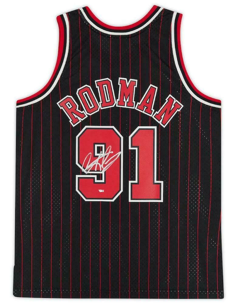 DENNIS RODMAN Chicago Bulls Signed Pinstripe Mitchell & Ness Jersey (FAN COA)