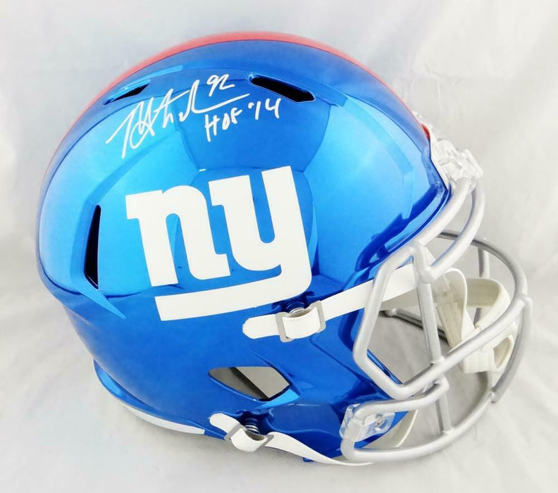 Michael Strahan New York Giants Signed NY Giants Full-sized Chrome Helmet with HOF (BAS COA)