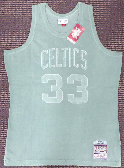 LARRY BIRD BOSTON CELTICS SIGNED GREEN M&N WASHED OUT JERSEY L (BAS COA)