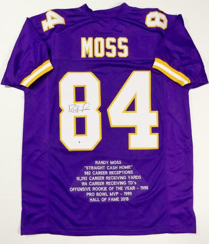 Randy Moss Minnesota Vikings Signed Purple Pro Style Stat Jersey (BAS COA)