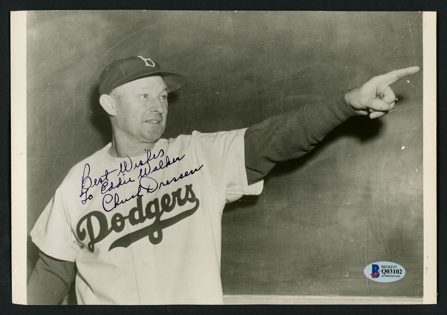 Chuck Dressen Brooklyn Dodgers Signed 7x10 Photo Dodgers "To Eddie" Q03102 BAS COA (Los Angeles)