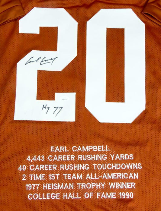 Earl Campbell Texas Longhorns Signed Orange College Style Jersey STAT 4 with HT (JSA COA)
