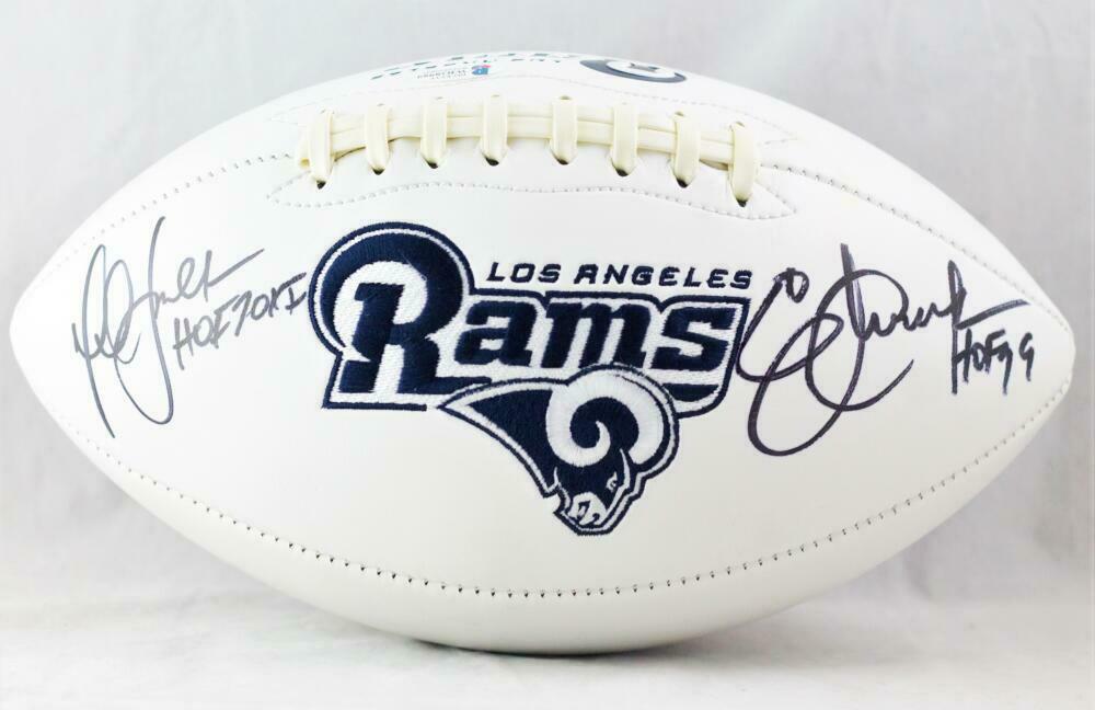 Eric Dickerson / Marshall Faulk Los Angeles Rams Signed Rams Logo Football with HOF BAS COA (St. Louis)