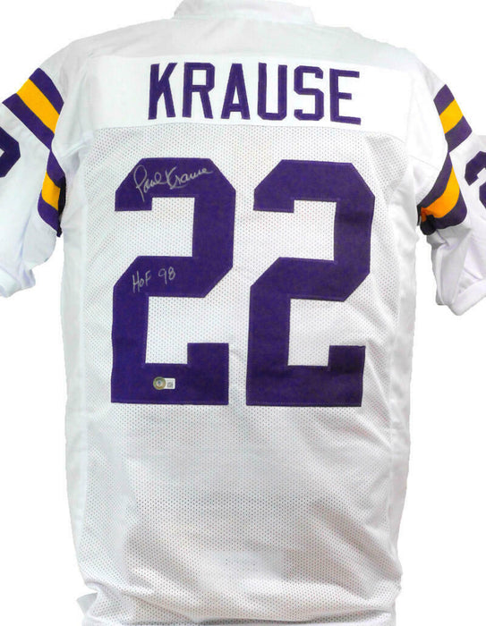 Paul Krause Minnesota Vikings Autographed White Pro Style Jersey w/ HOF- (BAS COA)