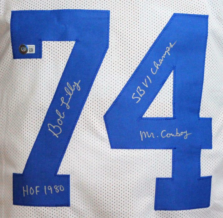 Bob Lilly Autographed Dallas Cowboys White Pro Style Jersey w/ 3 Insc- (BAS COA)